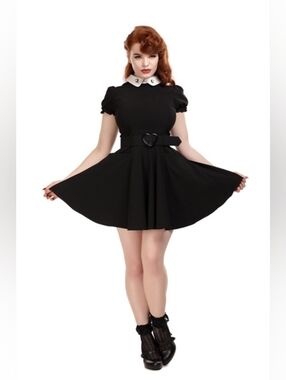 Collectif Black Mini Dress w/ Cresent Moon White Peter Pan Collar And Heart Belt